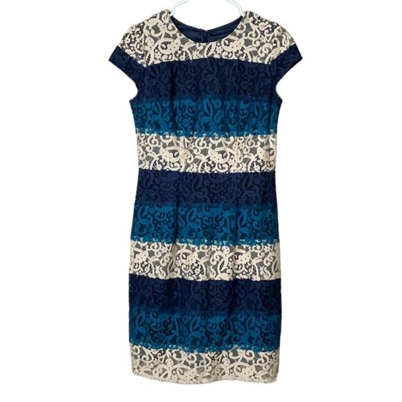 Ann Taylor Blue Cream Striped Cap Sleeve Lace Sheath Dress Size 2 - Picture 1 of 8